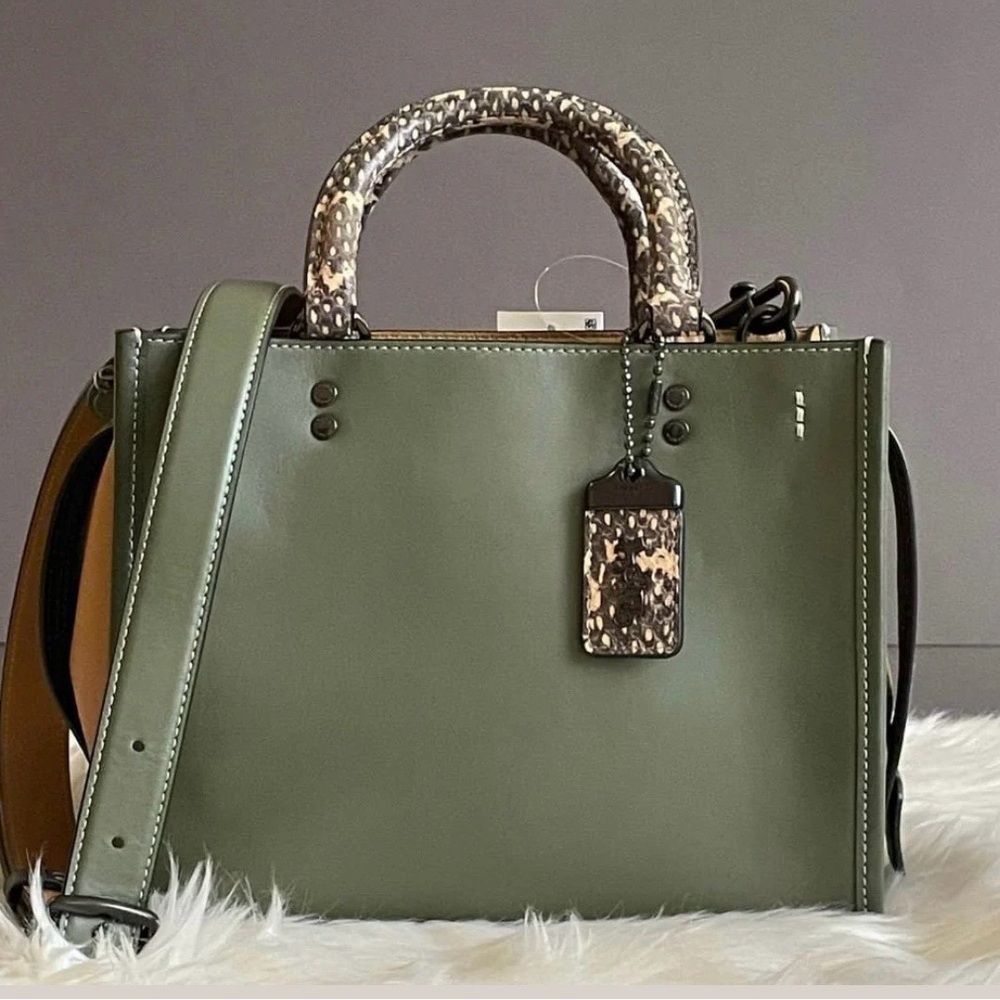 Coach Rogue 25 Army Green Smooth  Leather Satchel with Snakeskin Handles